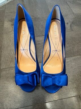 Pour La Victoire Royal Blue Satin Peep-Toe Pumps with Bow Accent